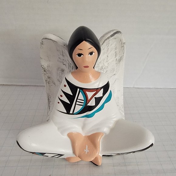 Native American Navajo Pottery Indian Angel Girl Holding a Cross Artist Signed